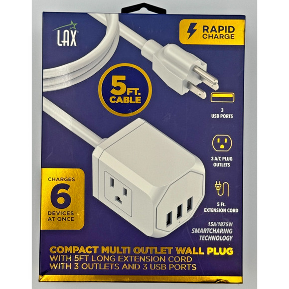 LAX Compact Multi Outlet Wall Plug – 5ft Extension Cord – 3 AC Outlets + 3 USB - Picture 1 of 4